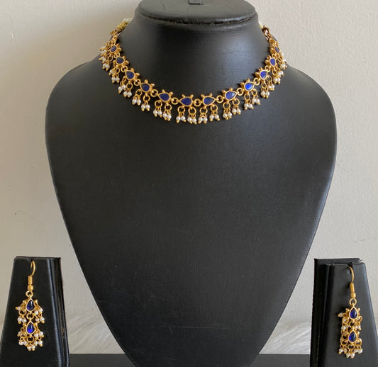 Antique gold tone blue kundan jadau pearl necklace set dj-54152