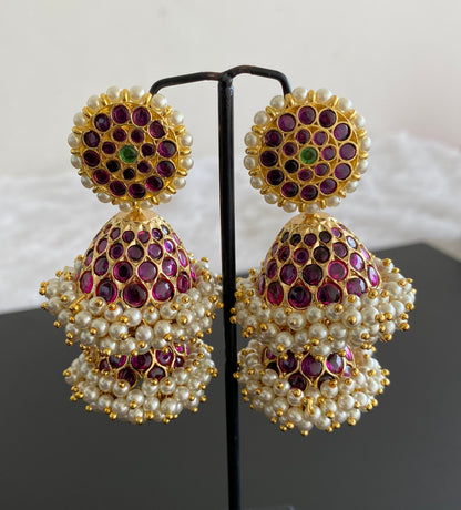 Gold tone precious kemp-green stone pearl big step jhumkka dj-53214
