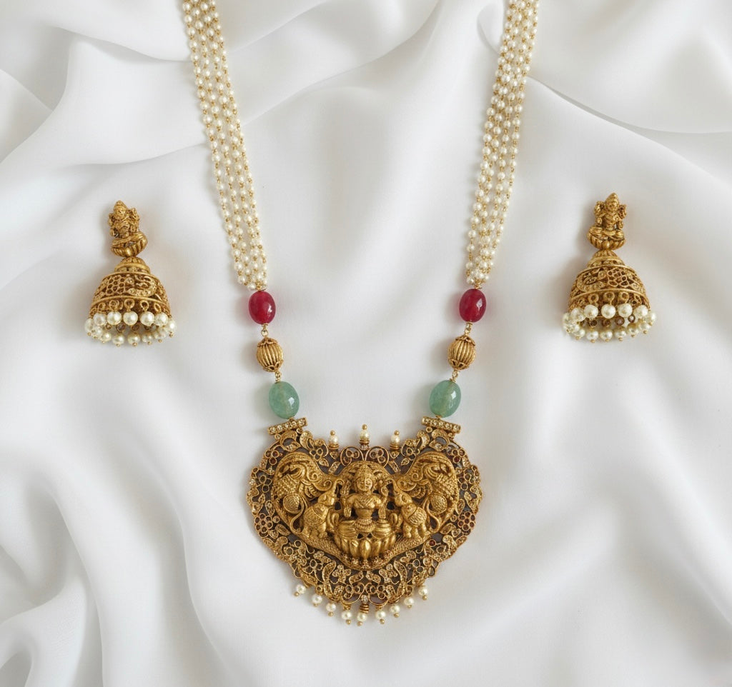 Matte Finish Cz Ruby-Emerald Nakshi Lakshmi Pearl Haar Set DJ33426