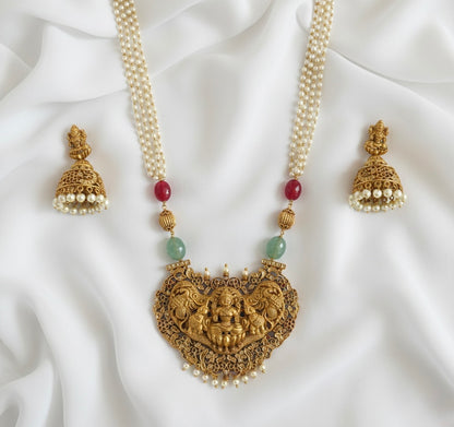 Matte Finish Cz Ruby-Emerald Nakshi Lakshmi Pearl Haar Set DJ33426