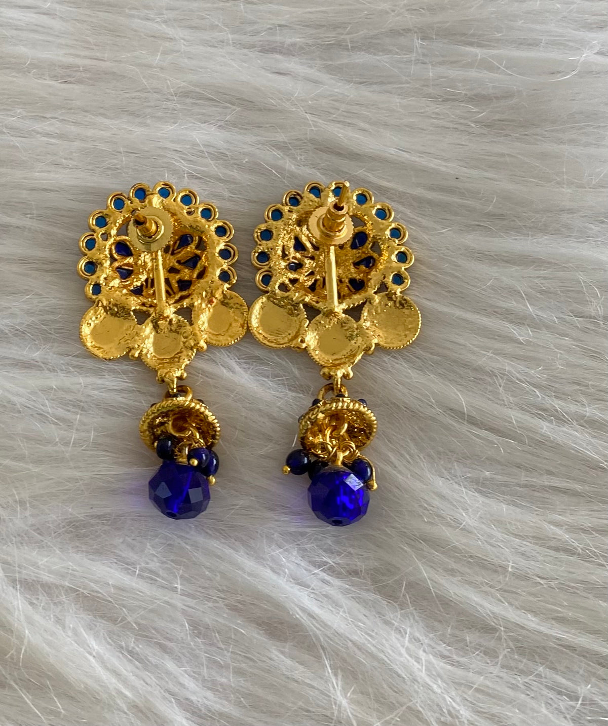 Antique gold tone blue stone lakshmi coin flower earrings dj-54792