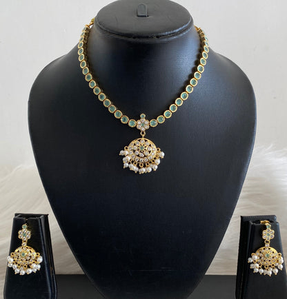 Gold tone AD sea green white stone south indian style attigai/necklace set dj-55144