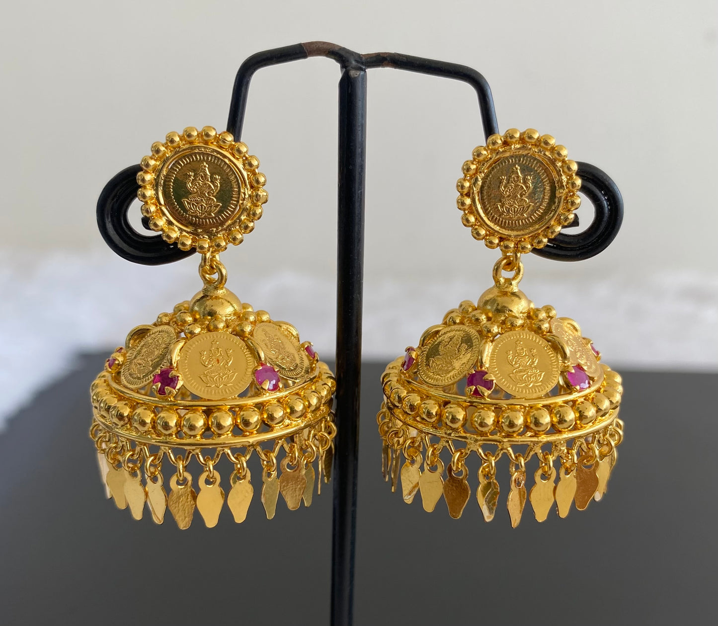 Gold tone ruby lakshmi coin elakka jhumkka dj-53149
