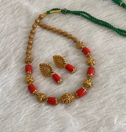 Antique gold tone coral nakshi beaded necklace set dj-54950