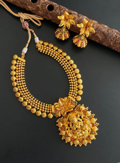Antique gold tone Kemp Green Lakshmi Necklace Set- DJ05350