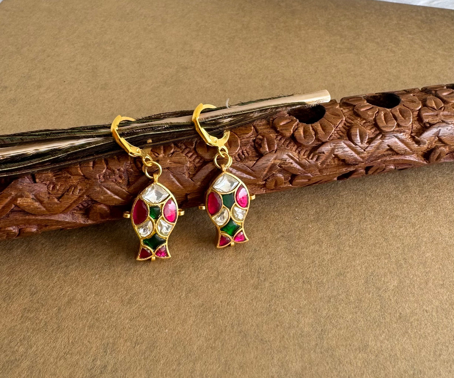 Gold tone pink-green-white kundan jadau fish hook earrings dj-51531