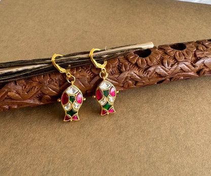 Gold tone pink-green-white kundan jadau fish hook earrings dj-51531