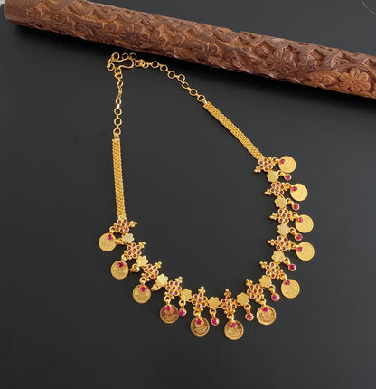 Gold tone pink stone lakshmi coin necklace dj-54121