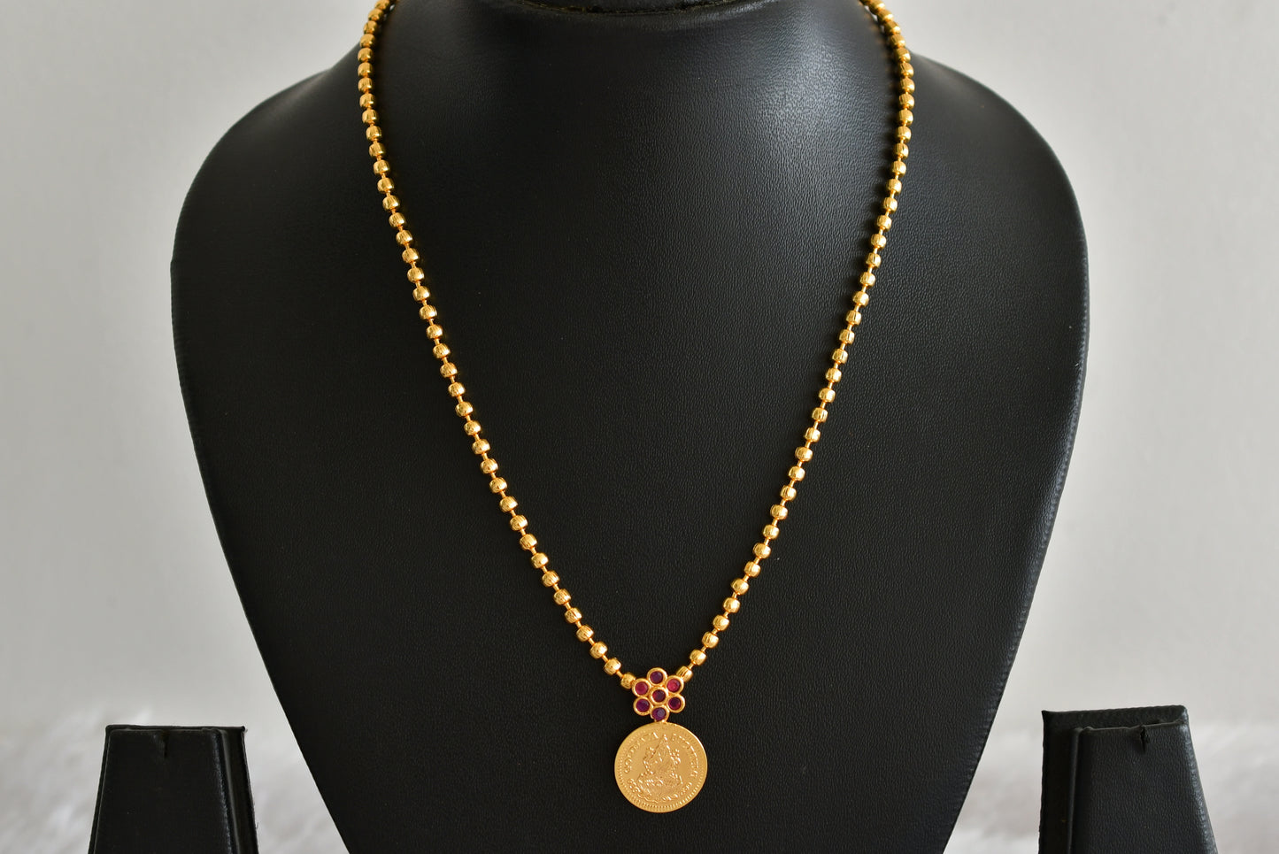 Gold tone kerala style pink stone lakshmi coin necklace dj-51680