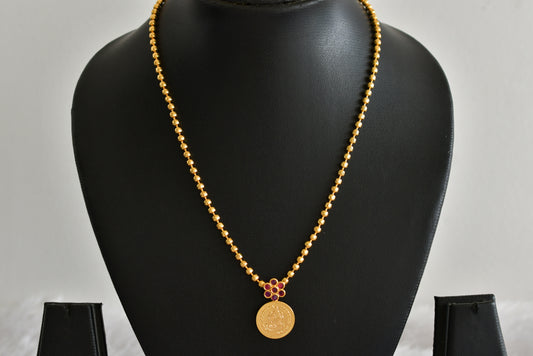 Gold tone kerala style pink stone lakshmi coin necklace dj-51680