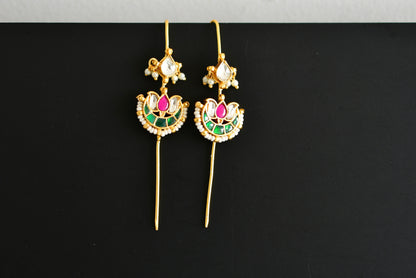 Gold tone pink-green kundan jadau lotus bugadi needle earrings dj-52447