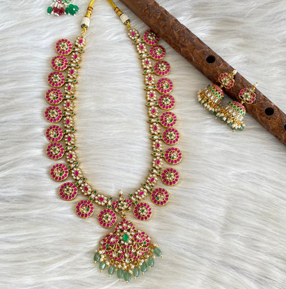 Antique gold tone peacock green beaded kundan jadau bottu mala/haar set dj-54159