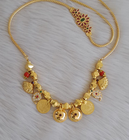 Gold tone 24 inches kemp-green flower mugappu chain with coral-mango- lakshmi coin-bottu mangalyam dj-45591