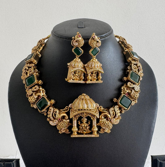 Matte finish green-white lakshmi peacock nakshi necklace set dj-52146