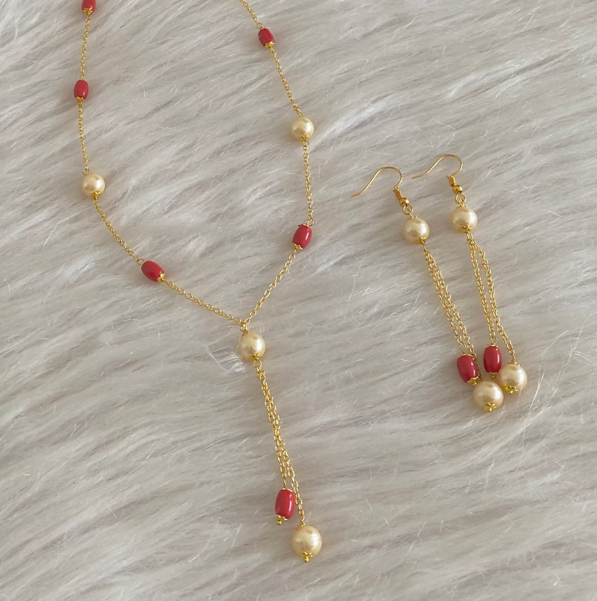 Gold tone coral-pearl necklace set dj-54986