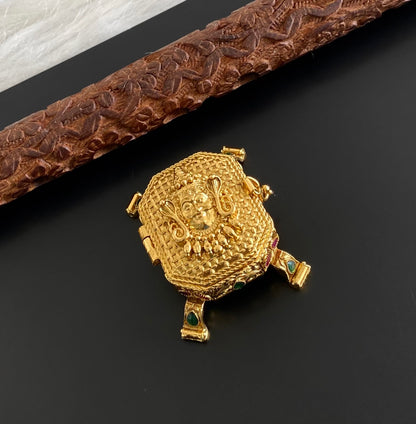 Antique gold tone kemp-green Shiva/Bhairava kumkum box dj-54457