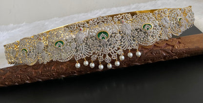 Two tone cz ruby-white-green pearl waist band dj-53524