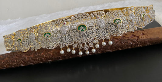 Two tone cz ruby-white-green pearl waist band dj-53524