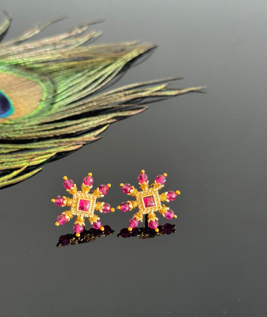 Gold tone pink square stone beaded stud/earrings dj-51593