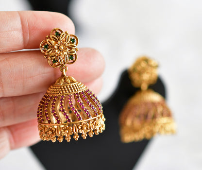 Antique gold tone ruby-green flower jhumkka dj-52165