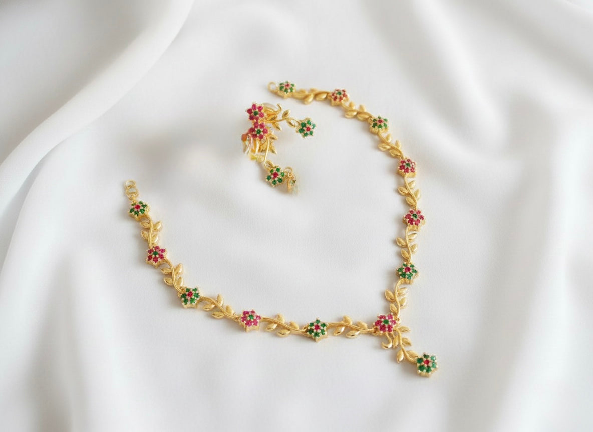 Gold tone Ruby-green Nakshatra Necklace Set DJ17704