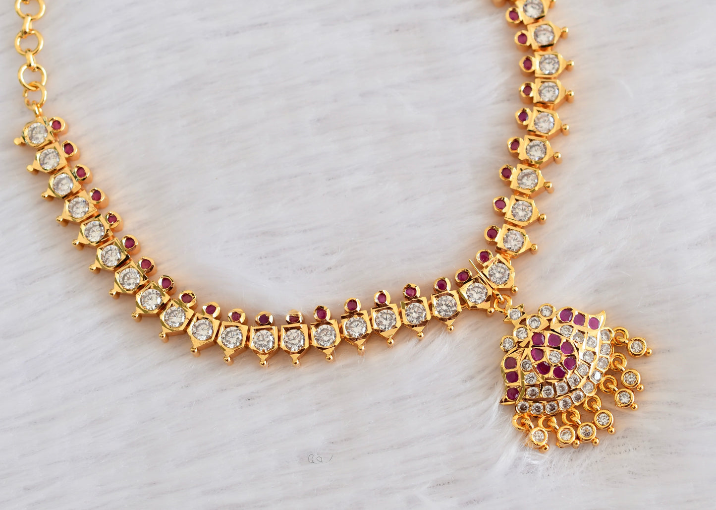 Gold tone AD white-pink stone south indian necklace dj-53331