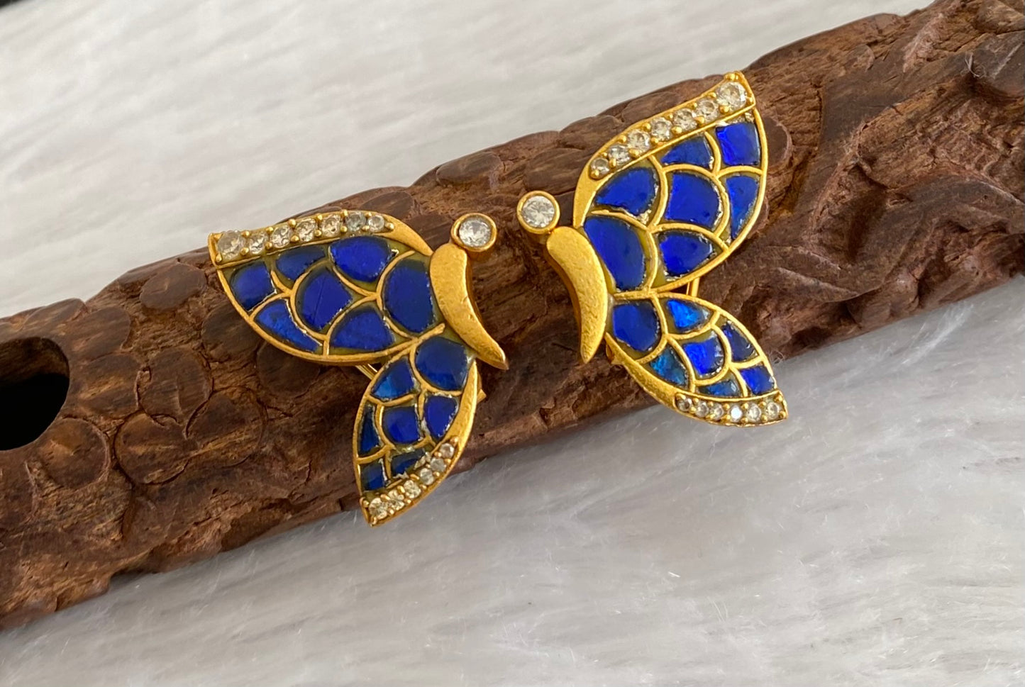 Gold tone blue-white kundan jadau butterfly earrings dj-53530