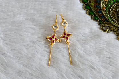 Gold tone pink-white kundan jadau flower bugadi needle earrings dj-52452