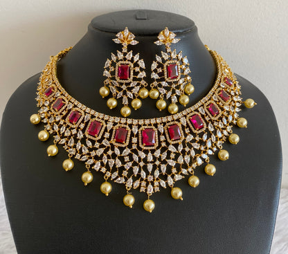 Gold tone AD white-pink pearl choker necklace set dj-53424