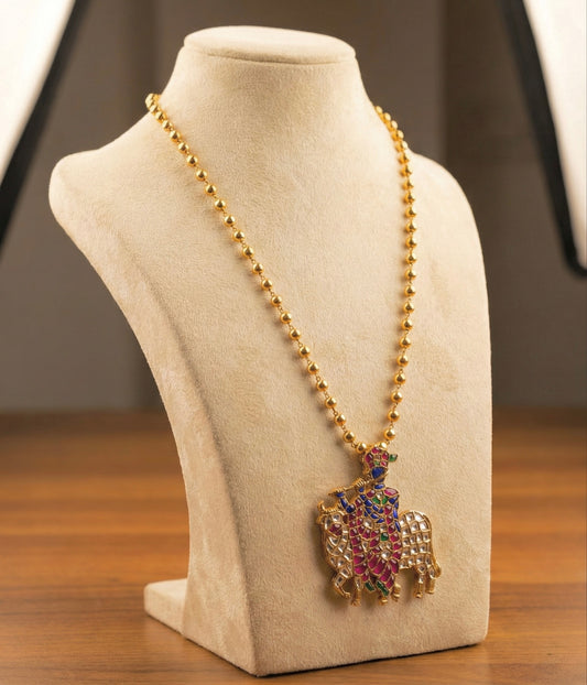 Gold tone pink-blue-green kundan jadau Shri Krishna necklace dj-52575
