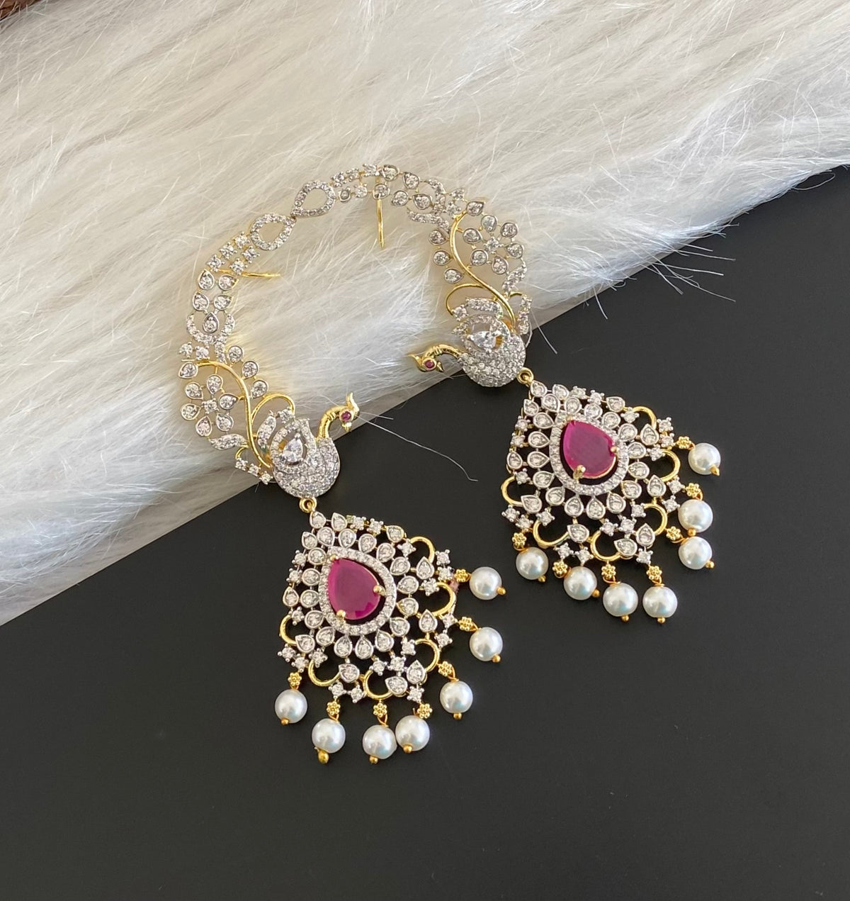 Two tone white-ruby stone pearl peacock khanpool earrings dj-54654