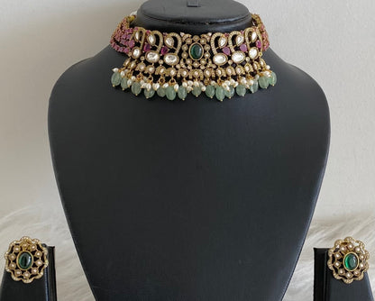 Antique gold tone peacock kundan sea green beaded choker necklace set dj-54799