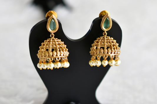 Antique gold tone sea green thilak stone pearl jhumkka dj-51855