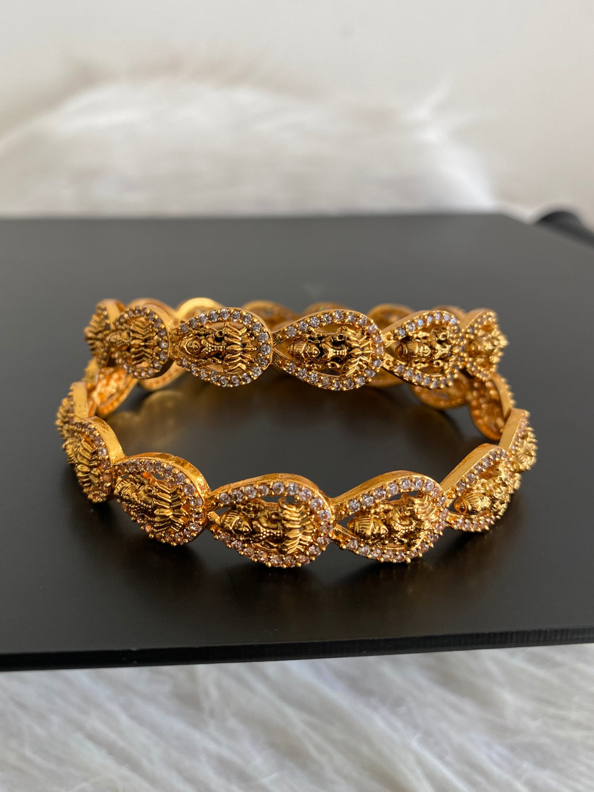 Antique gold tone cz white stone lakshmi bangles (2.10) dj-55173