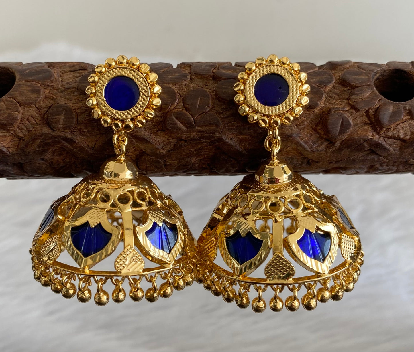 Gold tone kerala style blue 6 petals of palakka jhumkka dj-53136
