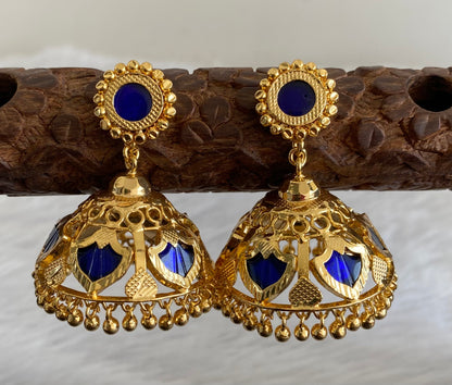 Gold tone kerala style blue 6 petals of palakka jhumkka dj-53136