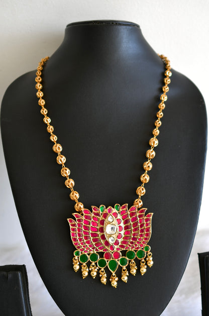 Gold tone pink-green kundan jadau lotus pendant necklace dj-52602