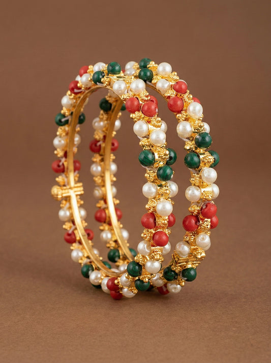 Gold tone pearl-green-coral beaded Bangles(2.8) DJ23674
