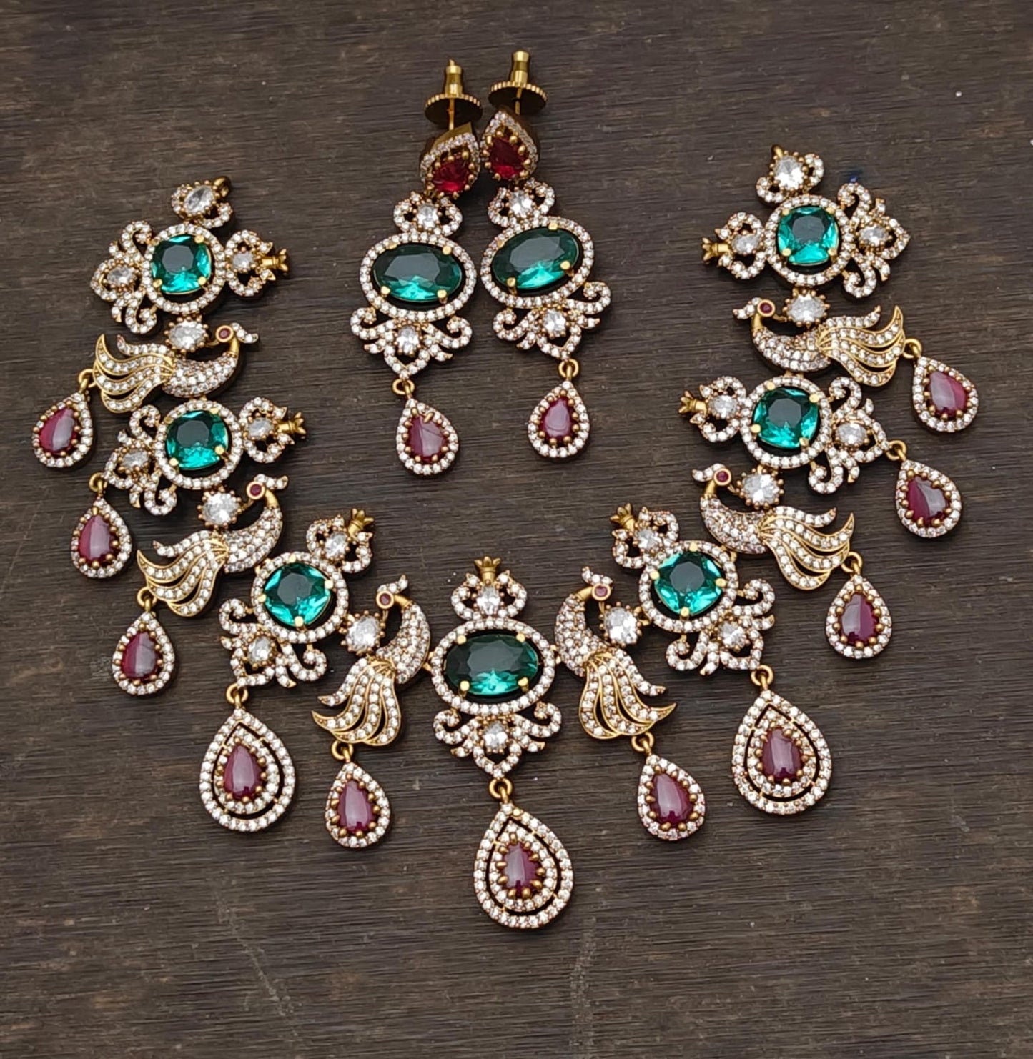 Antique cz pink-sea green peacock victorian necklace set dj-47994