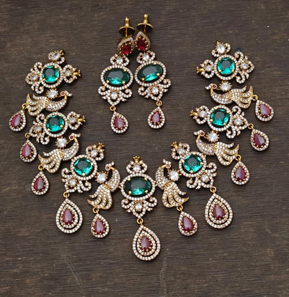 Antique cz pink-sea green peacock victorian necklace set dj-47994