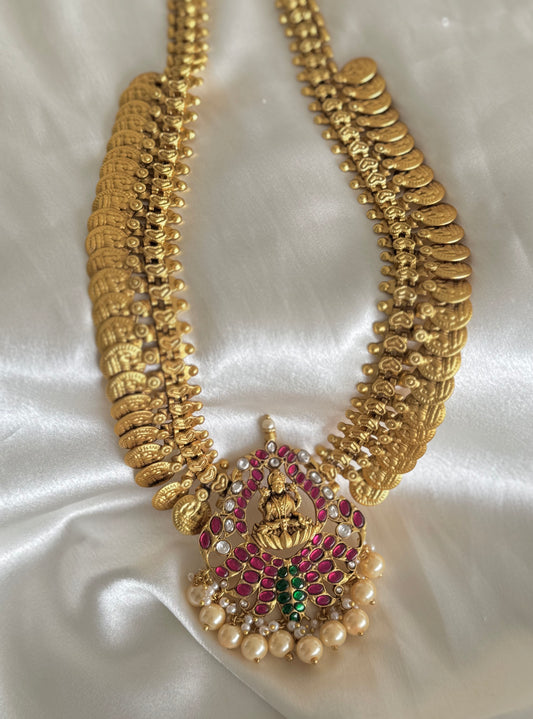 Matte gold tone kundan jadau Lakshmi coin peacock short haar dj-51558