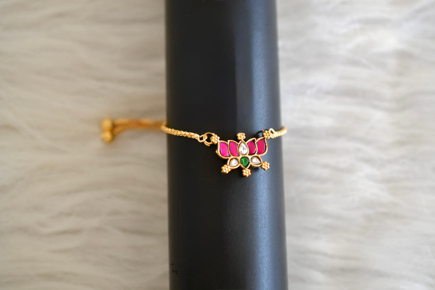 Gold tone pink-green-white kundan jadau lotus bracelet dj-52660