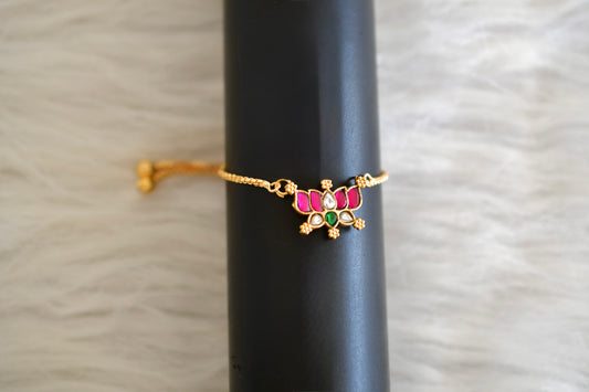 Gold tone pink-green-white kundan jadau lotus bracelet dj-52660