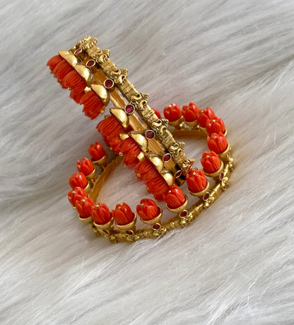 Antique gold tone coral red tulip beaded bangles fits(2.8 for 2.10) dj-55155