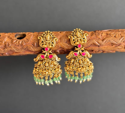 Antique gold tone pink-green beaded Lakshmi jhumkka dj-51481