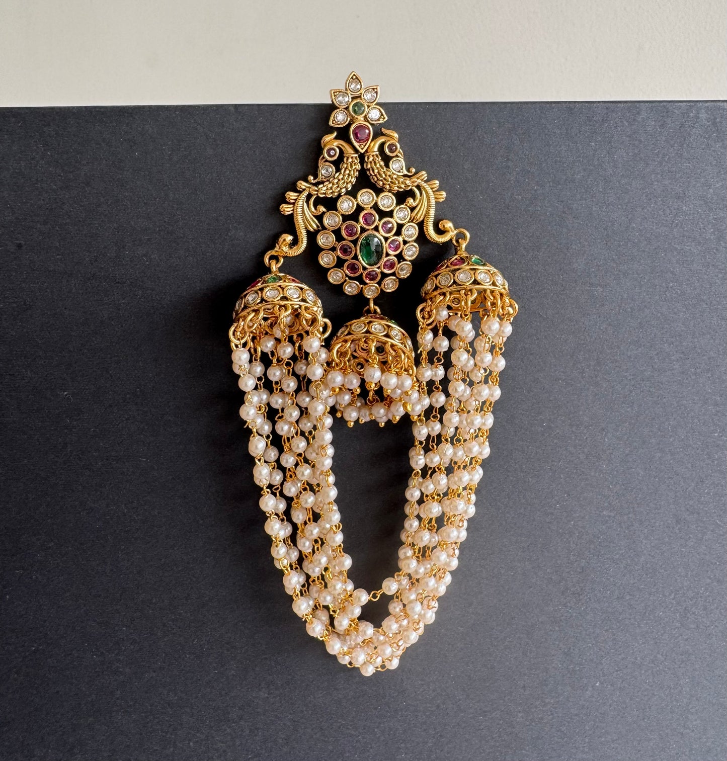 Antique gold tone kemp-green pearl peacock hair jewel dj-52030