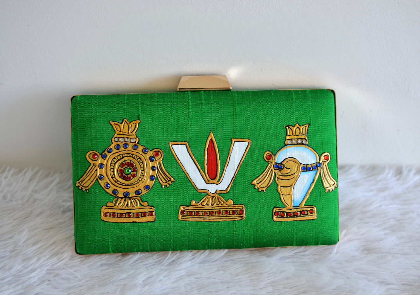 Tanjore painted green silk clutch dj-52657
