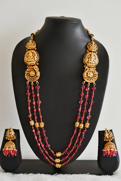 Antique gold tone magenta pink beaded lakshmi peacock multi layer haar set dj-52427