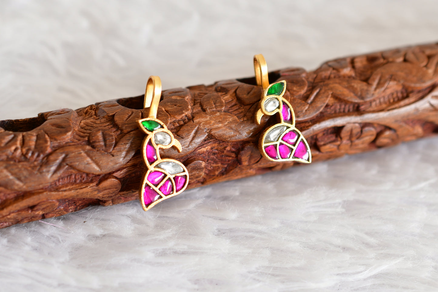 Gold tone pink-green-white kundan jadau peacock bugadi earrings dj-52478