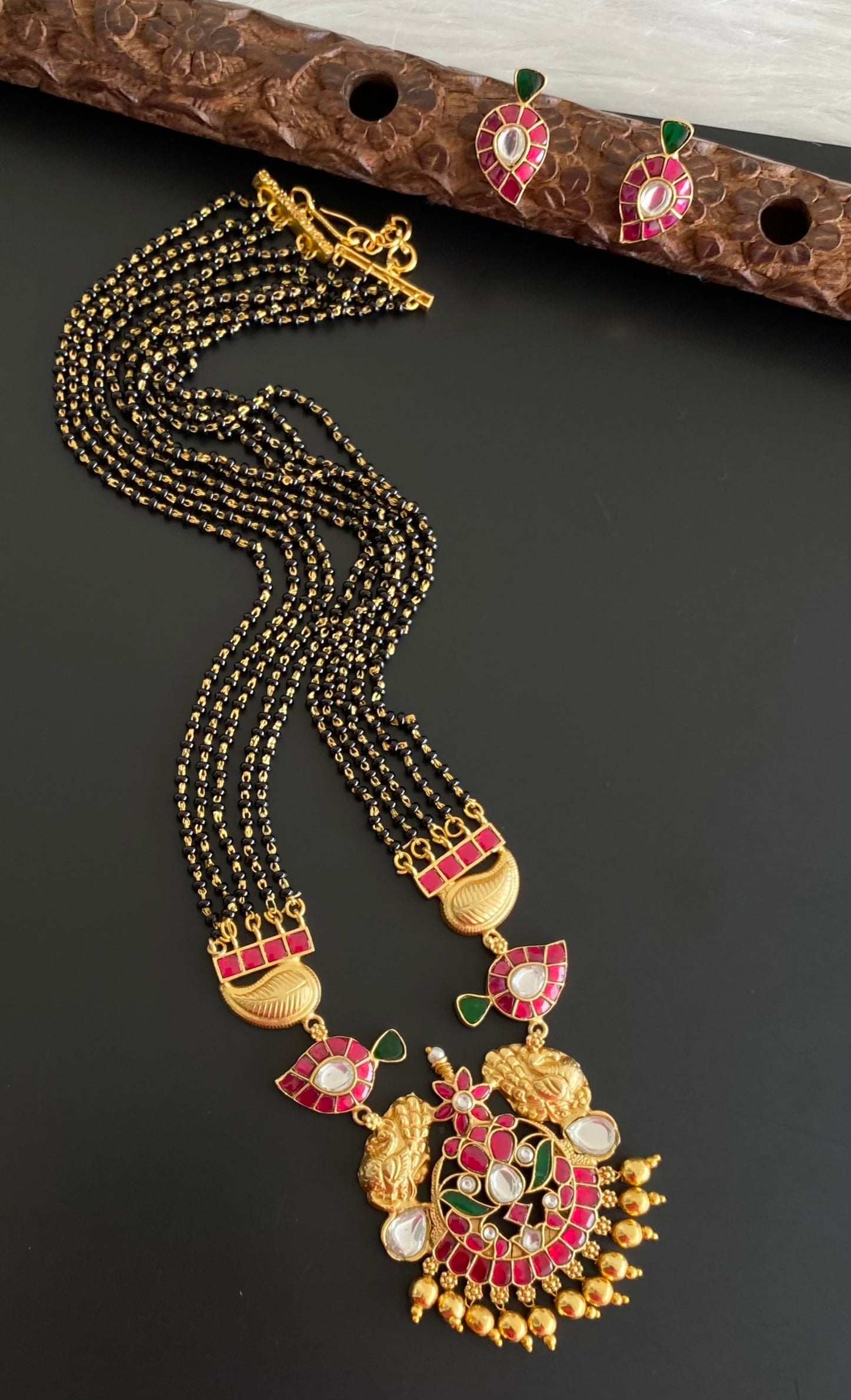 Antique gold tone peacock  mango kundan jadau mangalsutra set dj-54178